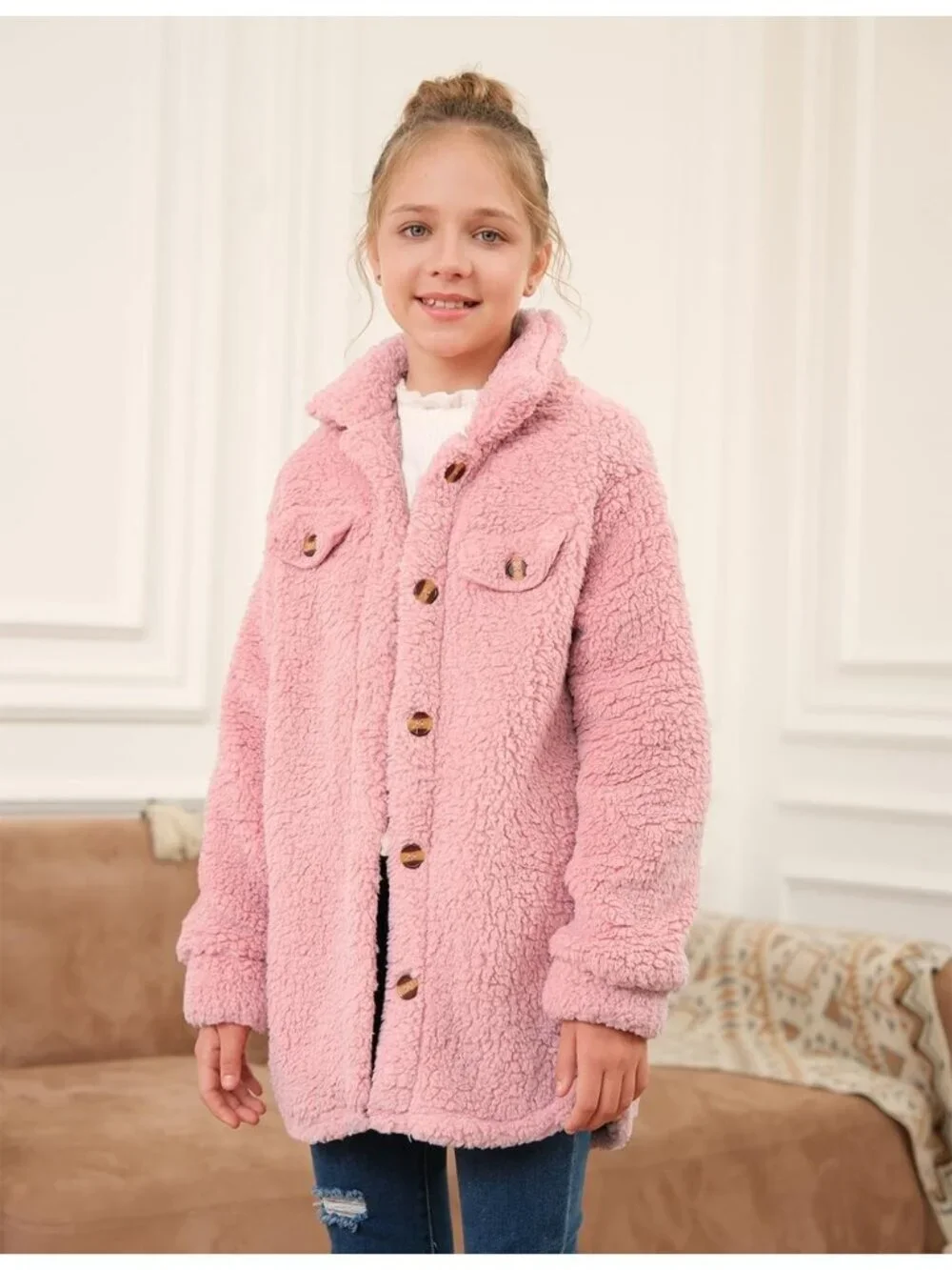 Kids Girl's Pink Polyester Casual Button Down Sherpa Faux Fur Fleece Jacket